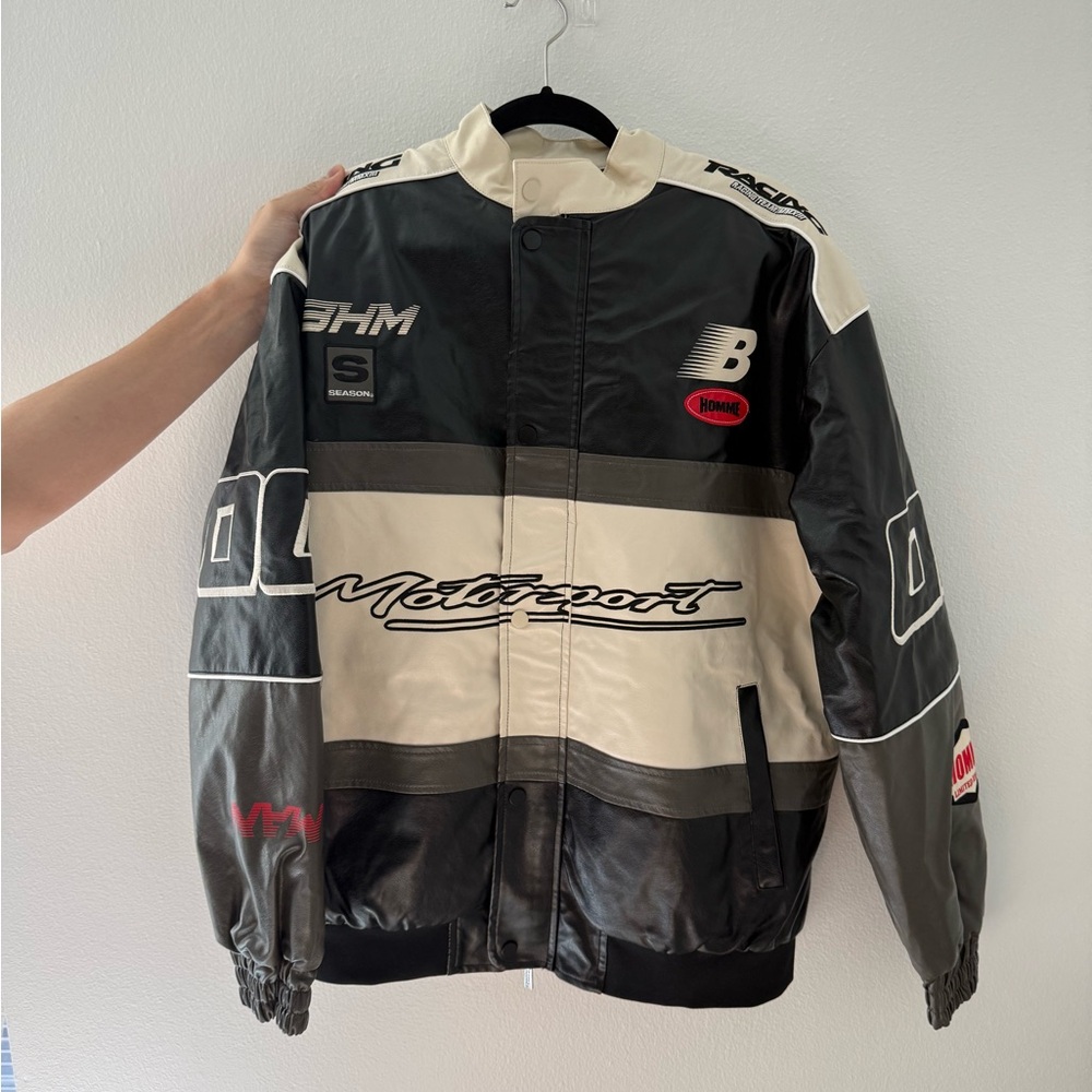 Boohoo Mens Black and Cream Racing Motorcycle Jacket